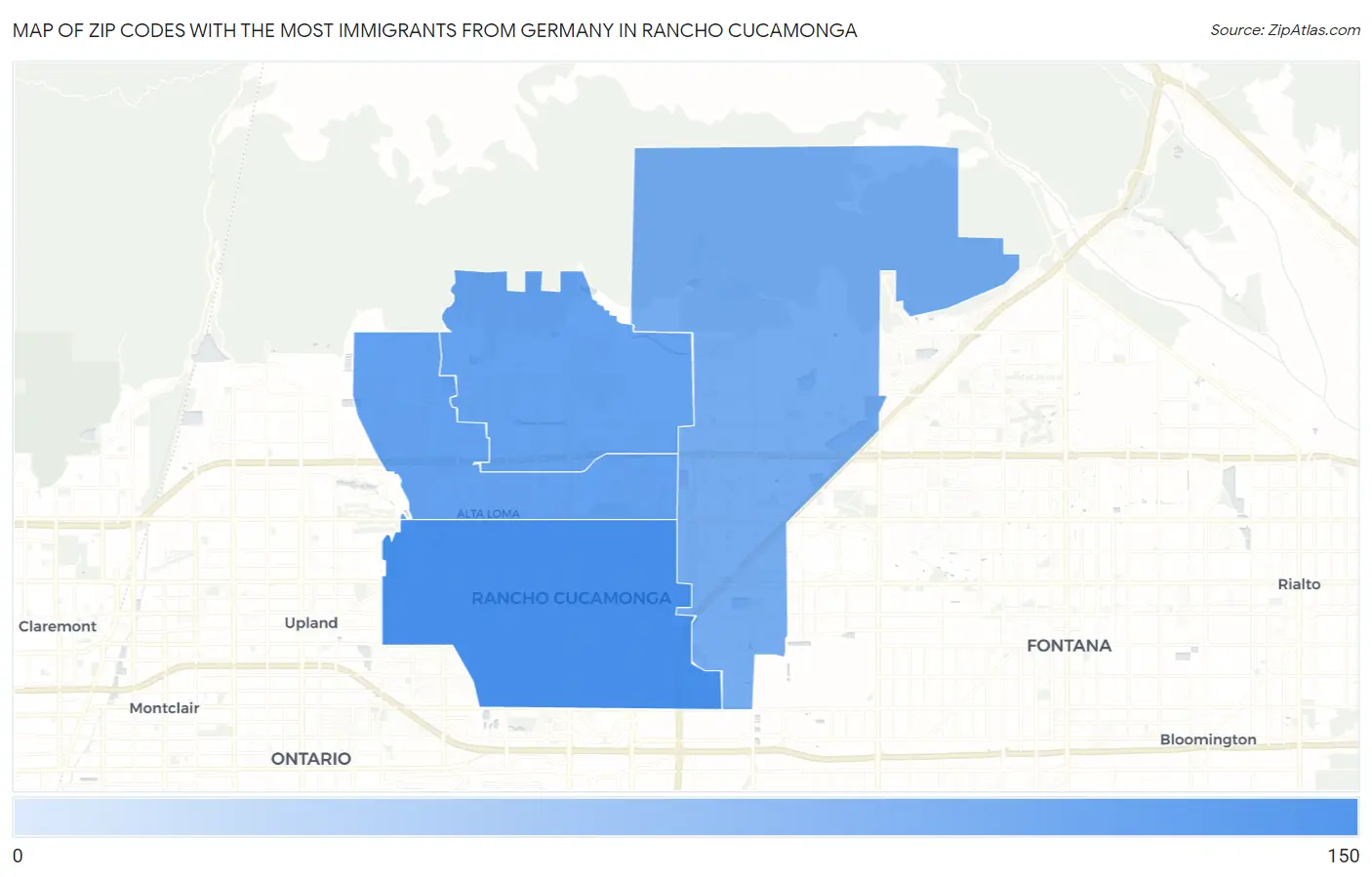 Zip Codes with the Most Immigrants from Germany in Rancho Cucamonga Map