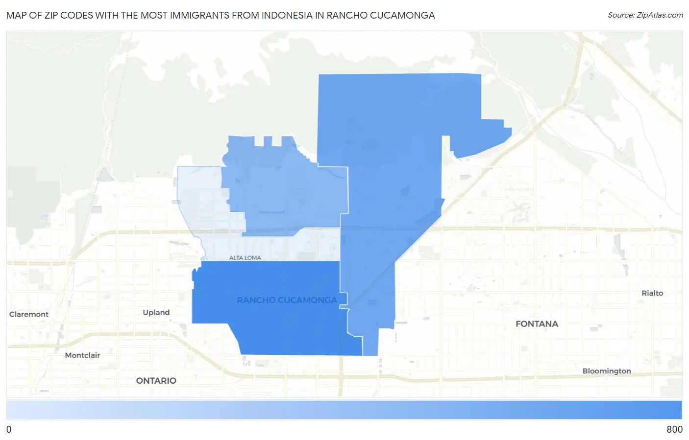 Zip Codes with the Most Immigrants from Indonesia in Rancho Cucamonga Map