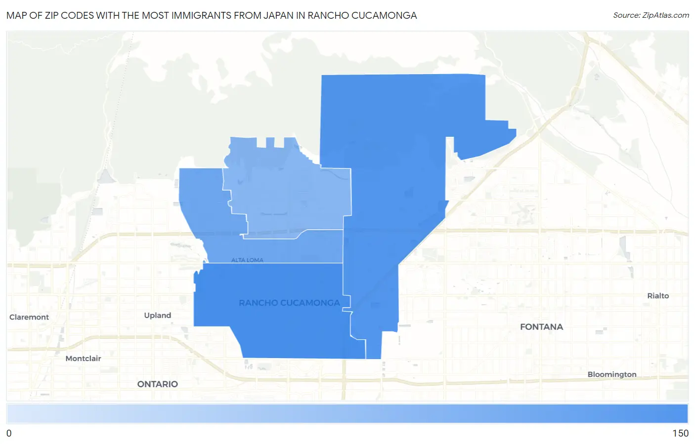 Zip Codes with the Most Immigrants from Japan in Rancho Cucamonga Map