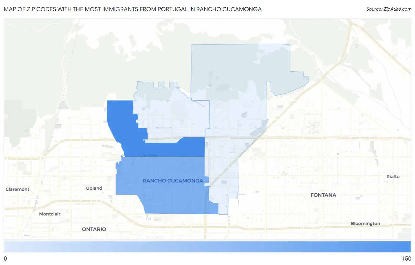 Zip Codes with the Most Immigrants from Portugal in Rancho Cucamonga Map