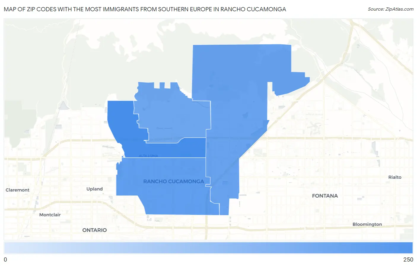 Zip Codes with the Most Immigrants from Southern Europe in Rancho Cucamonga Map