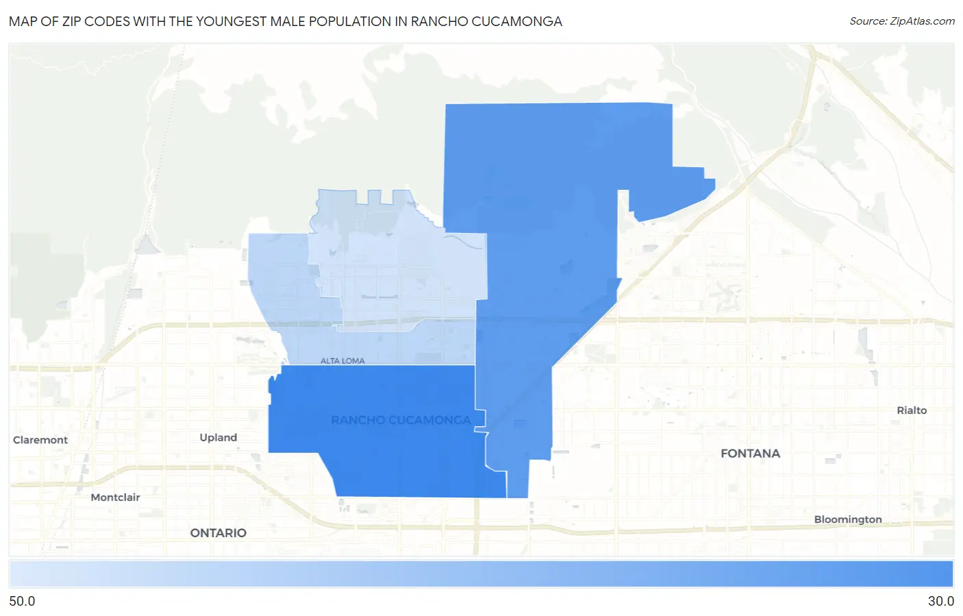 Zip Codes with the Youngest Male Population in Rancho Cucamonga Map