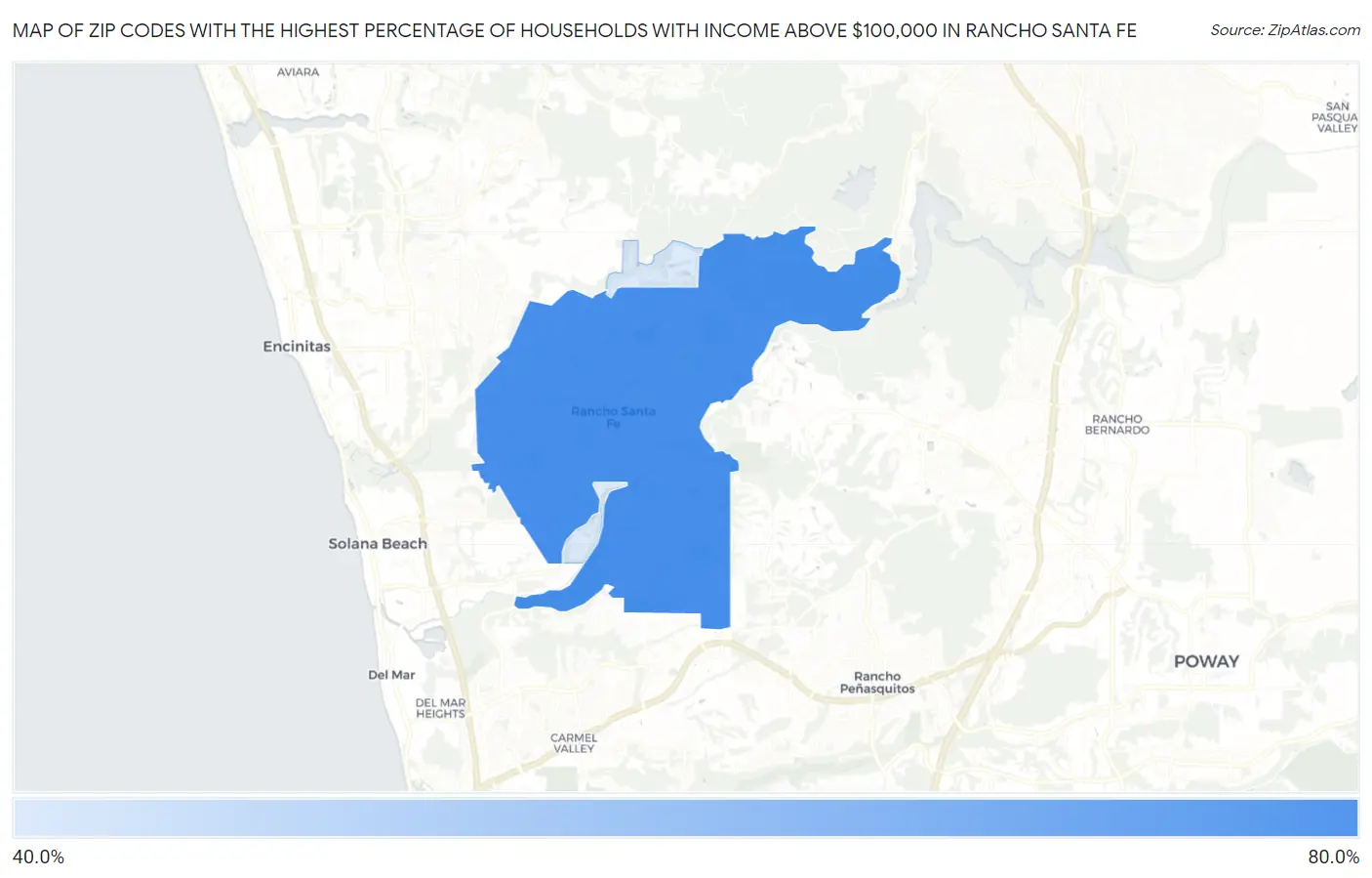Zip Codes with the Highest Percentage of Households with Income Above $100,000 in Rancho Santa Fe Map