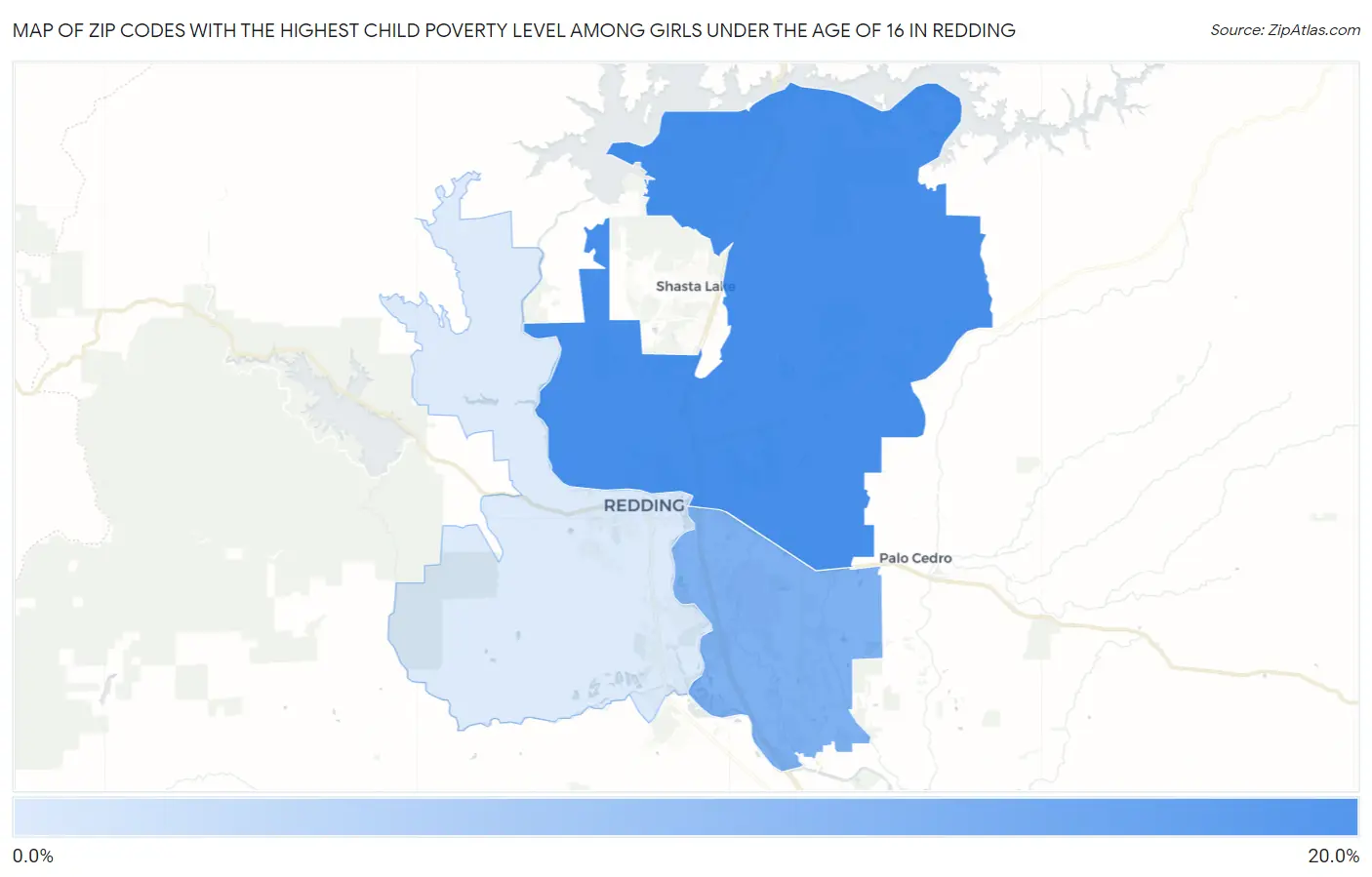 Zip Codes with the Highest Child Poverty Level Among Girls Under the Age of 16 in Redding Map