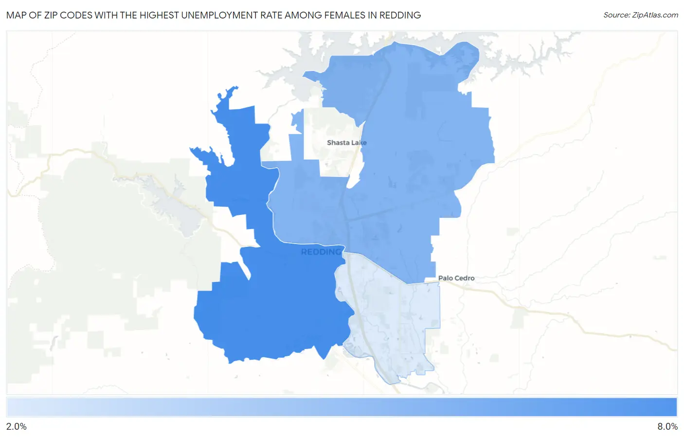 Zip Codes with the Highest Unemployment Rate Among Females in Redding Map