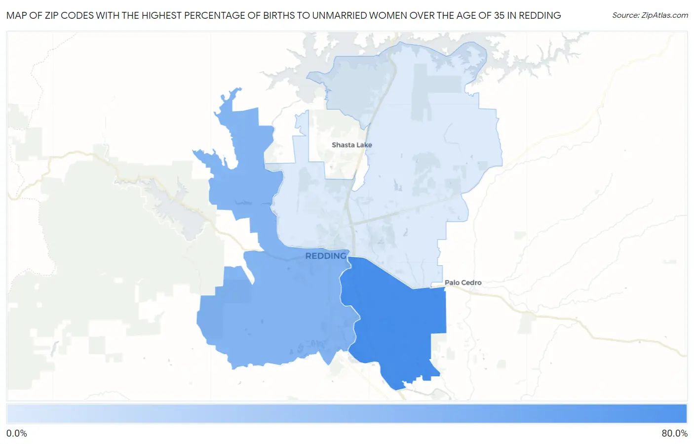 Zip Codes with the Highest Percentage of Births to Unmarried Women over the Age of 35 in Redding Map