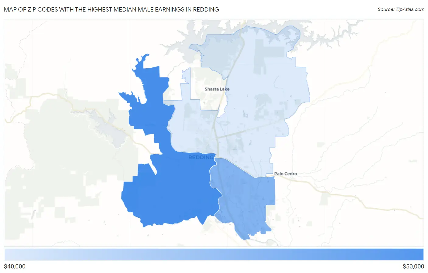 Zip Codes with the Highest Median Male Earnings in Redding Map