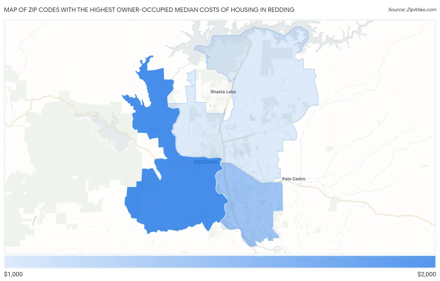 Zip Codes with the Highest Owner-Occupied Median Costs of Housing in Redding Map