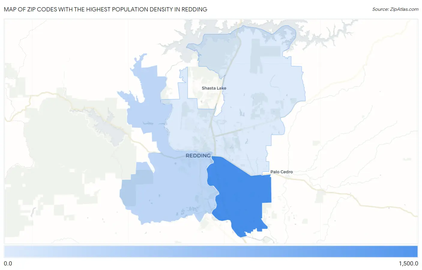 Zip Codes with the Highest Population Density in Redding Map