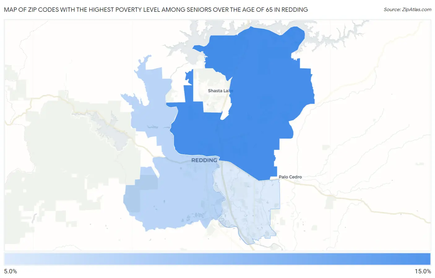 Zip Codes with the Highest Poverty Level Among Seniors Over the Age of 65 in Redding Map