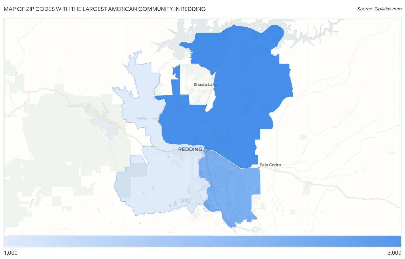 Zip Codes with the Largest American Community in Redding Map