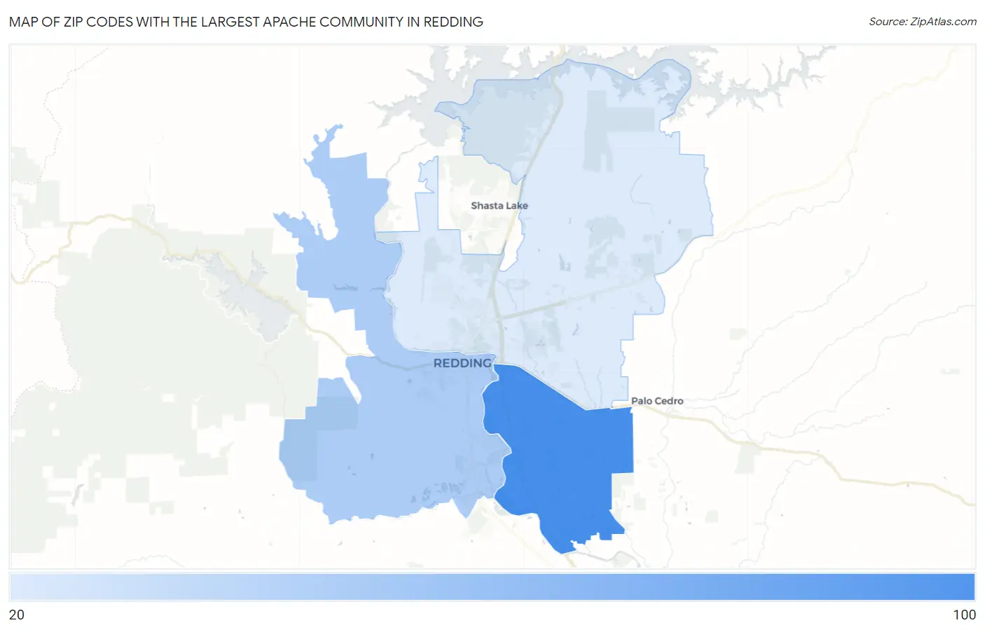 Zip Codes with the Largest Apache Community in Redding Map