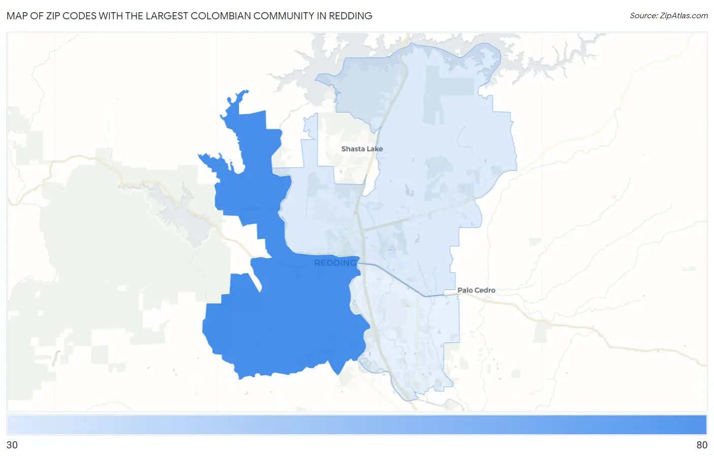 Zip Codes with the Largest Colombian Community in Redding Map