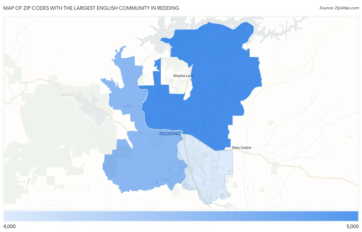 Zip Codes with the Largest English Community in Redding Map