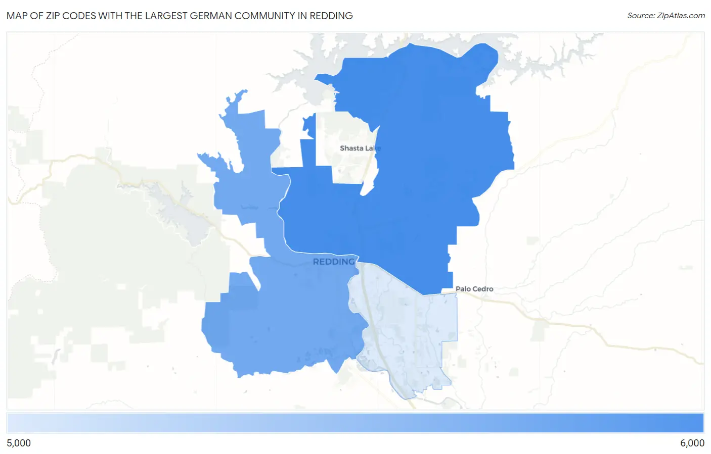 Zip Codes with the Largest German Community in Redding Map