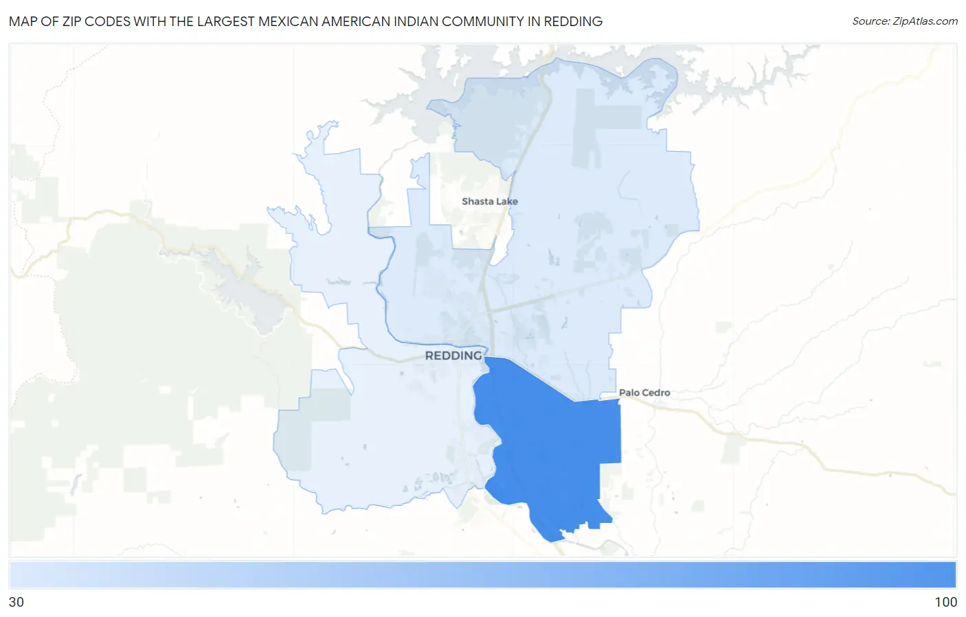 Zip Codes with the Largest Mexican American Indian Community in Redding Map