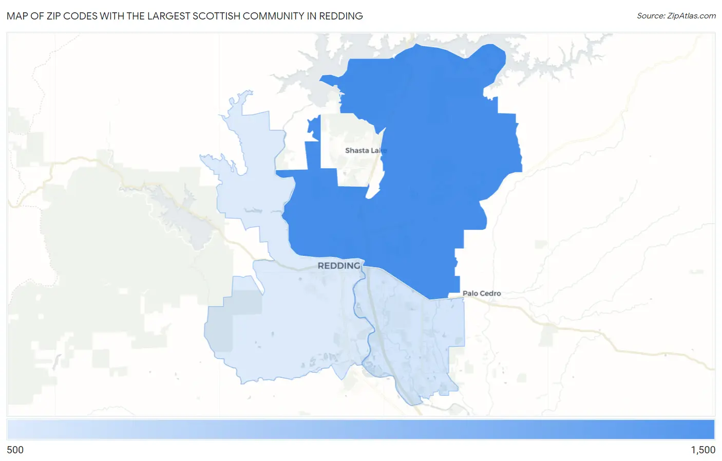 Zip Codes with the Largest Scottish Community in Redding Map
