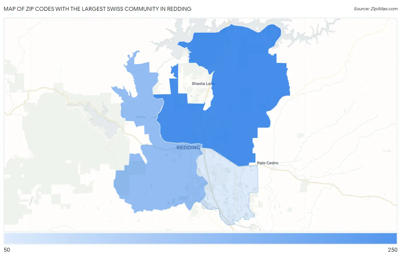 Zip Codes with the Largest Swiss Community in Redding Map