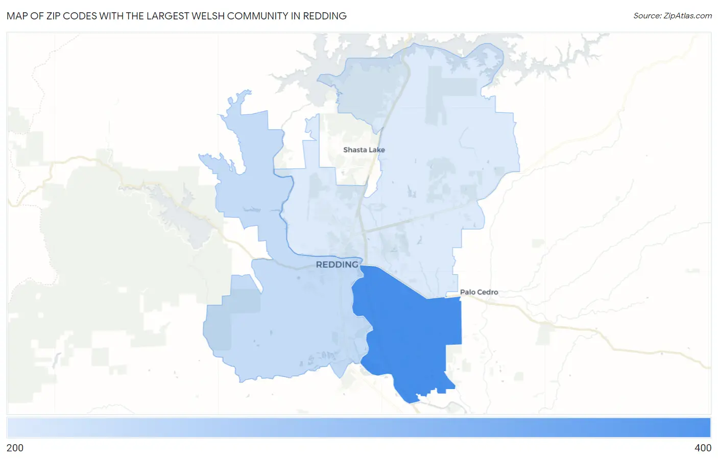 Zip Codes with the Largest Welsh Community in Redding Map
