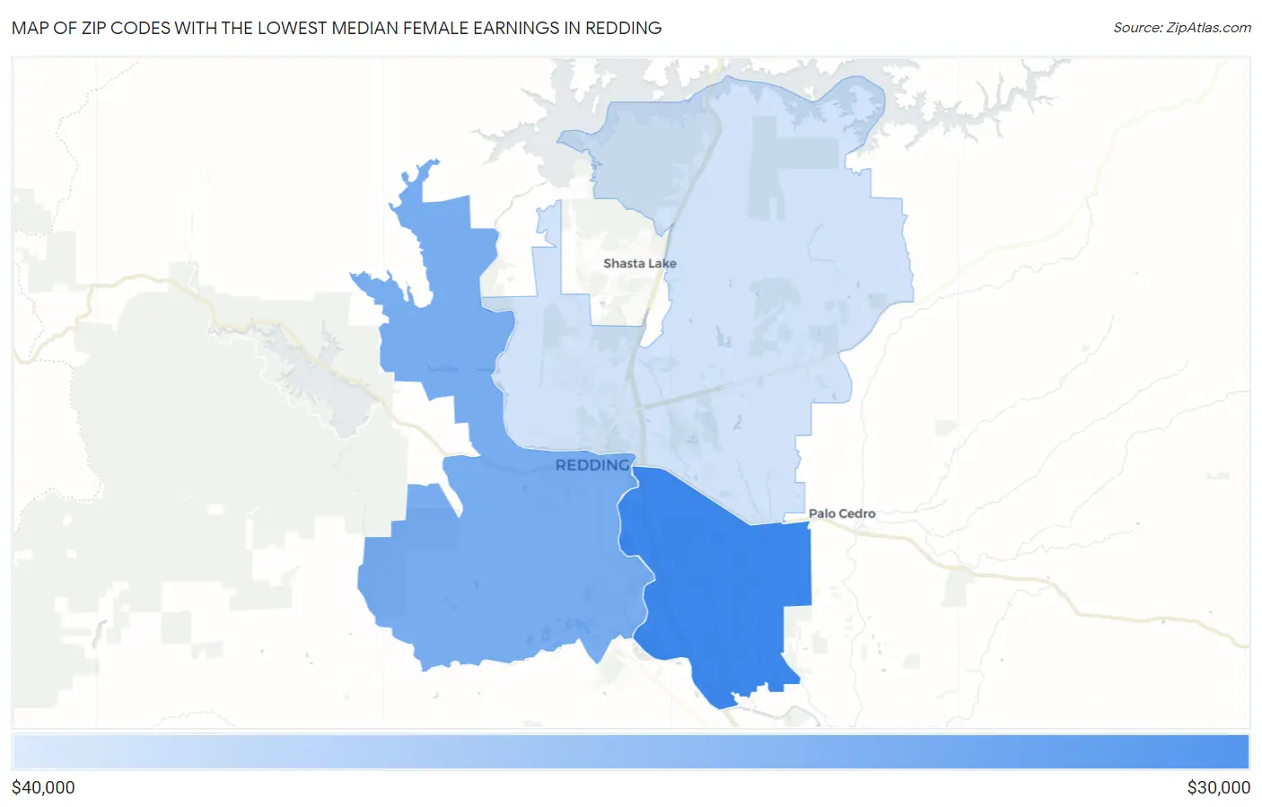 Zip Codes with the Lowest Median Female Earnings in Redding Map