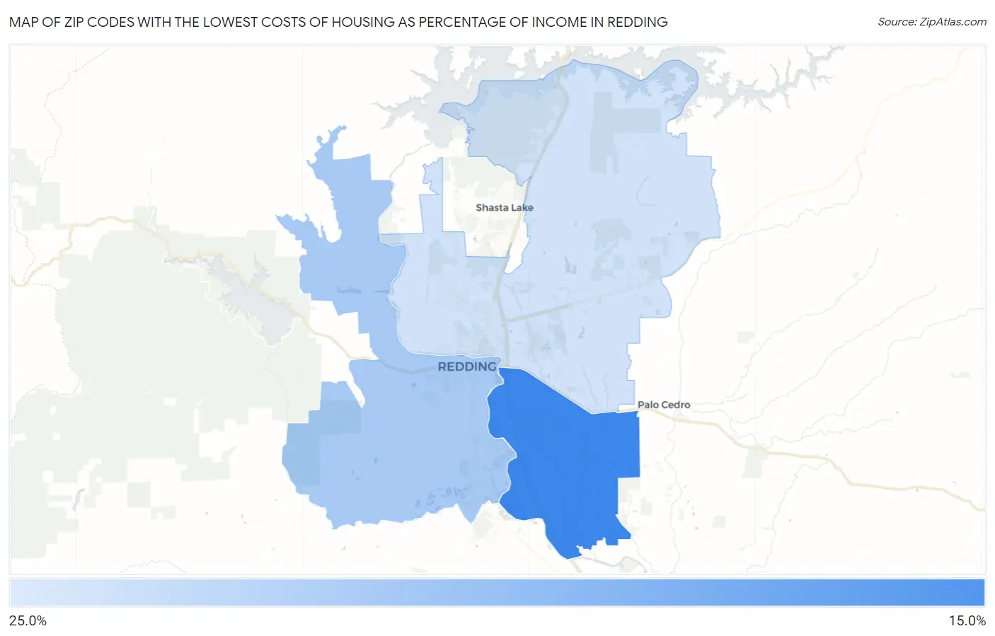 Zip Codes with the Lowest Costs of Housing as Percentage of Income in Redding Map