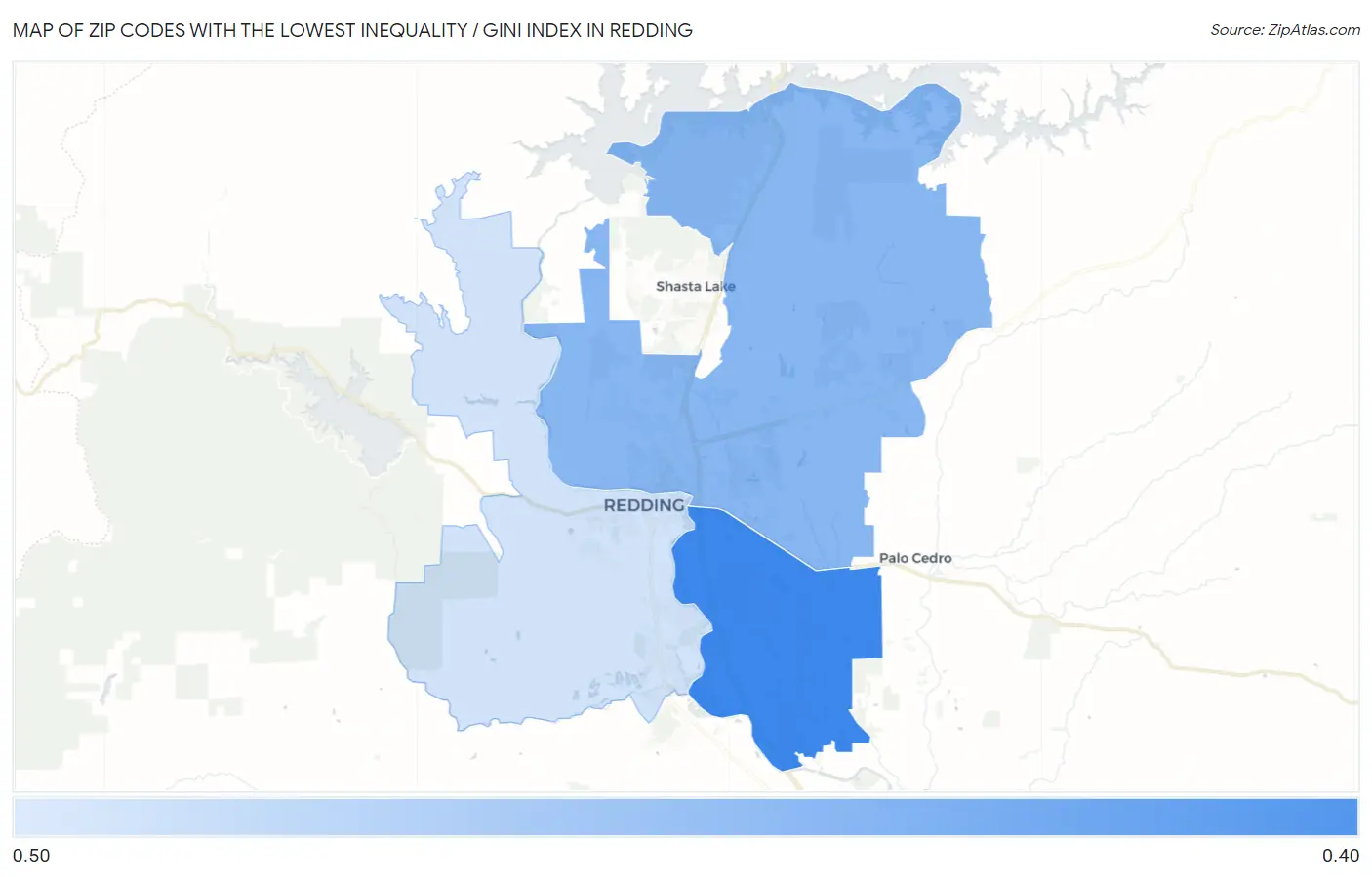Zip Codes with the Lowest Inequality / Gini Index in Redding Map