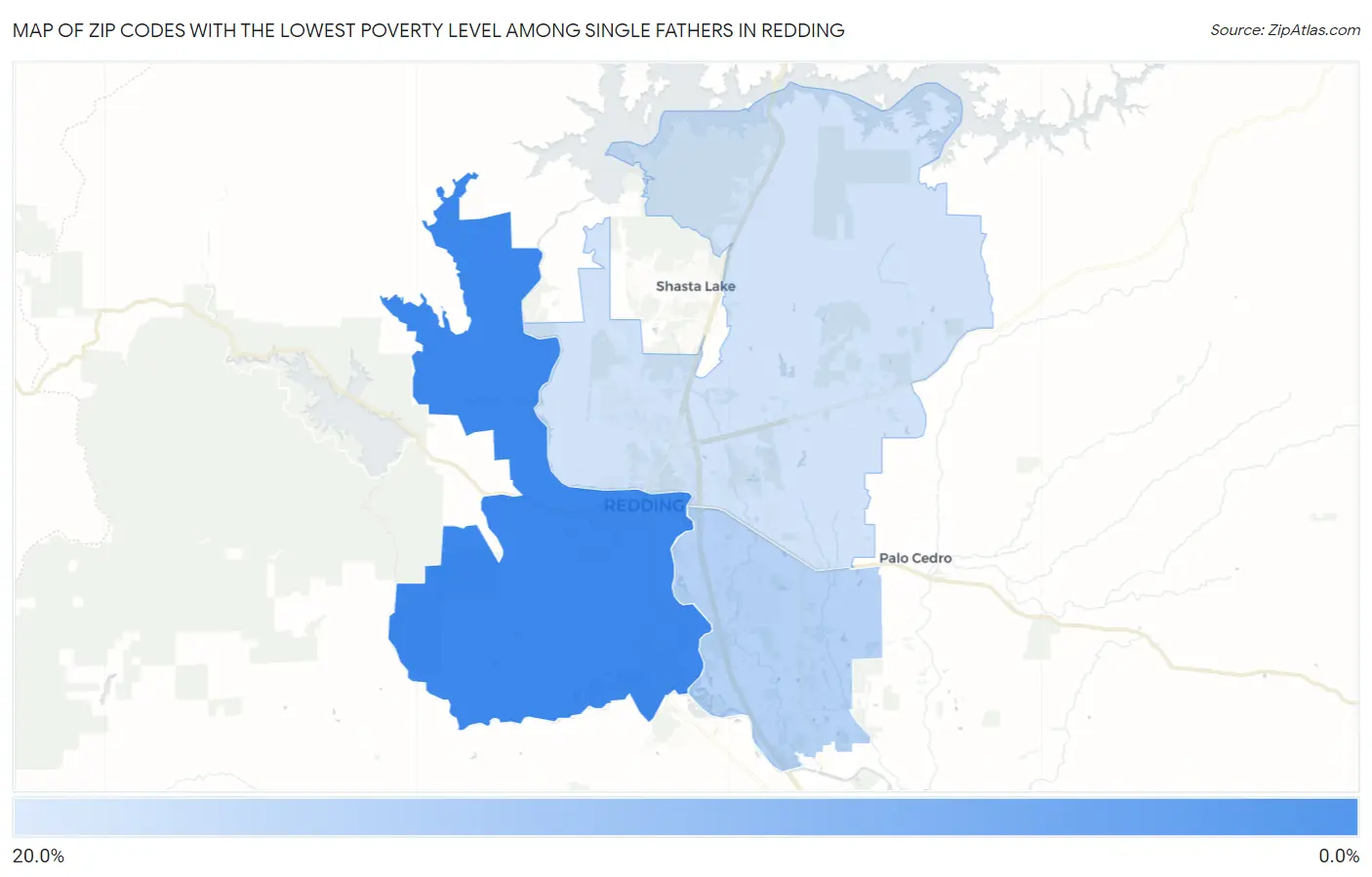 Zip Codes with the Lowest Poverty Level Among Single Fathers in Redding Map