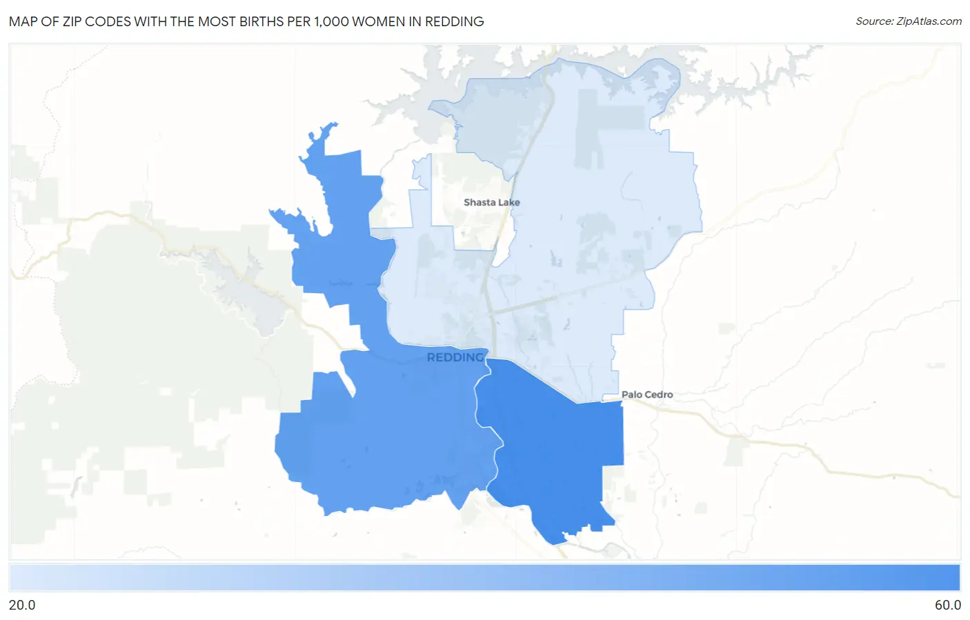 Zip Codes with the Most Births per 1,000 Women in Redding Map