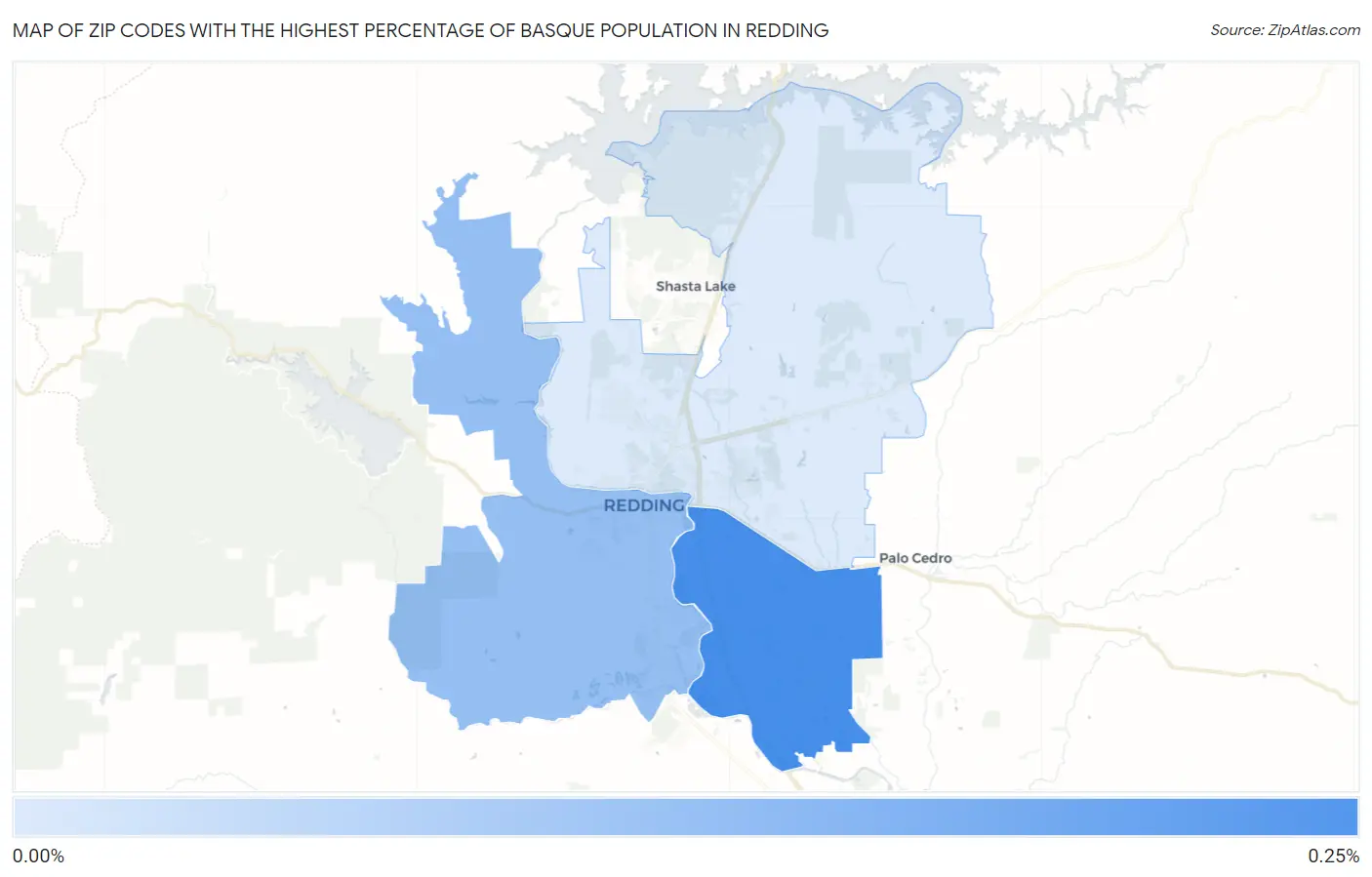 Zip Codes with the Highest Percentage of Basque Population in Redding Map
