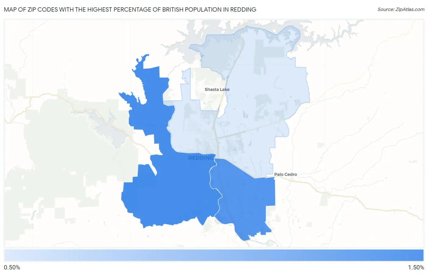 Zip Codes with the Highest Percentage of British Population in Redding Map