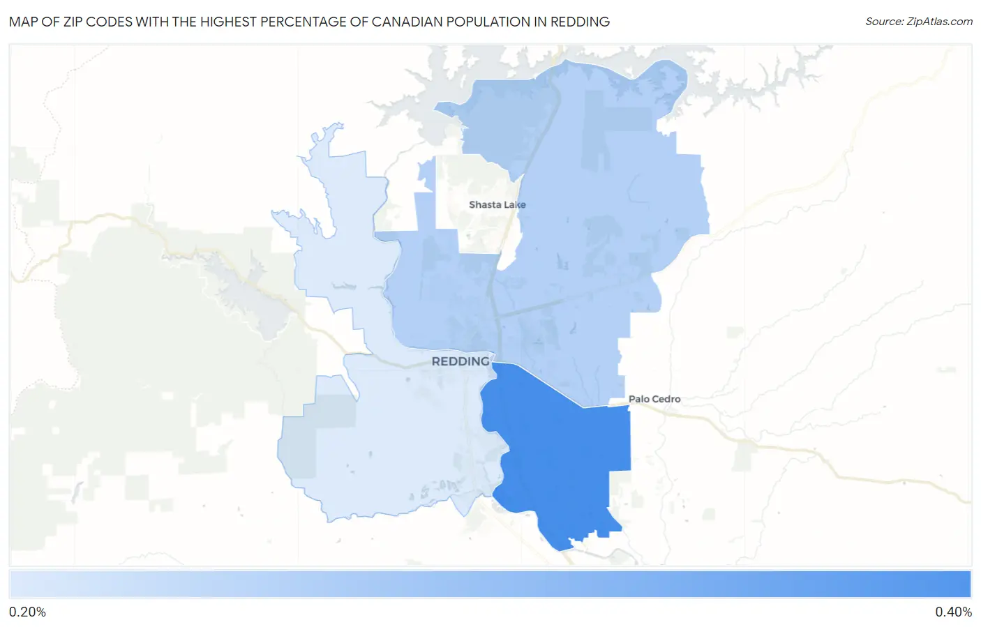 Zip Codes with the Highest Percentage of Canadian Population in Redding Map
