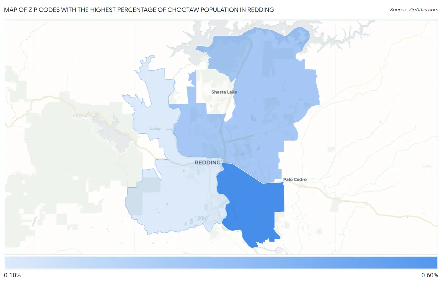 Zip Codes with the Highest Percentage of Choctaw Population in Redding Map