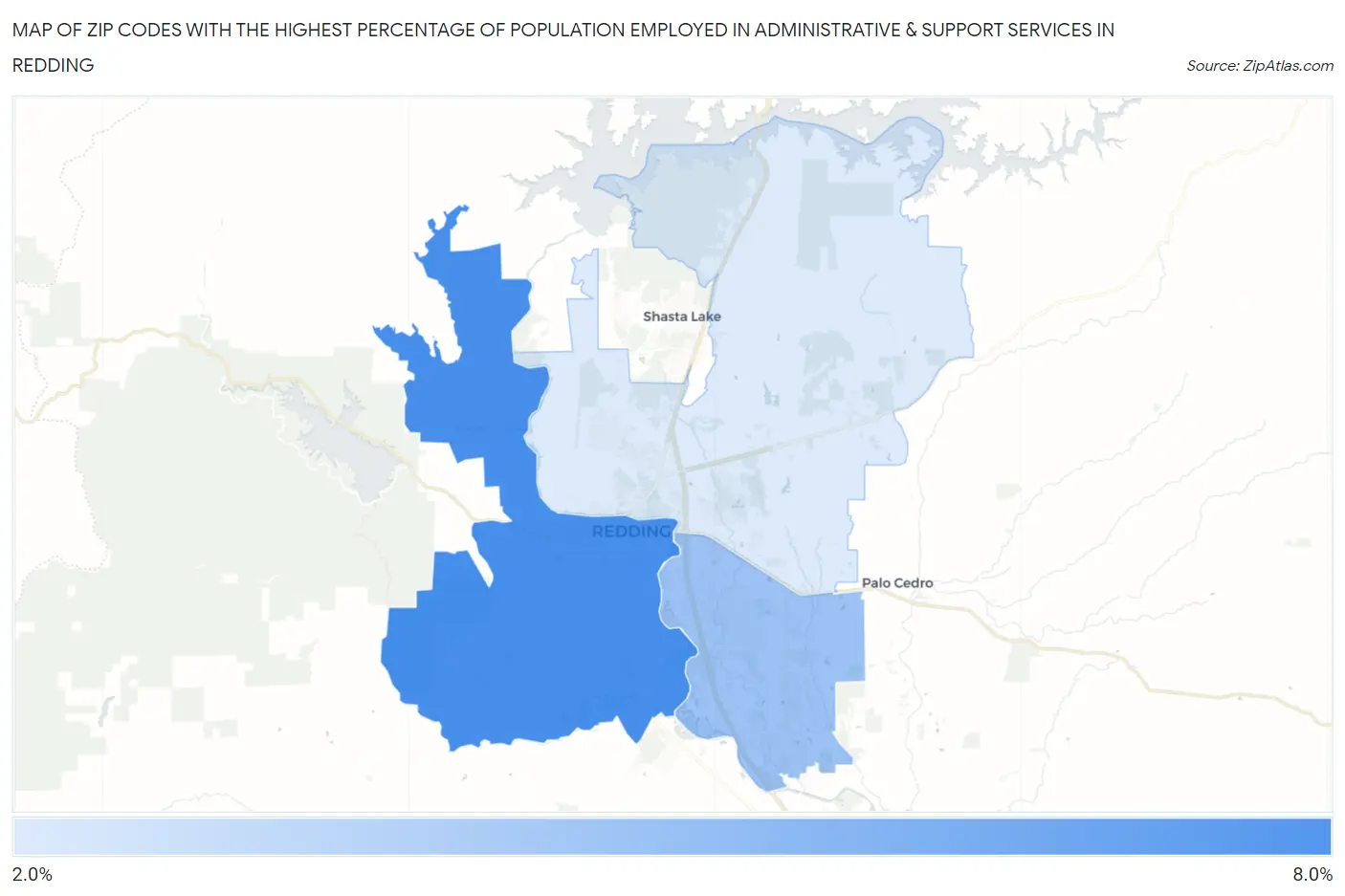 Zip Codes with the Highest Percentage of Population Employed in Administrative & Support Services in Redding Map
