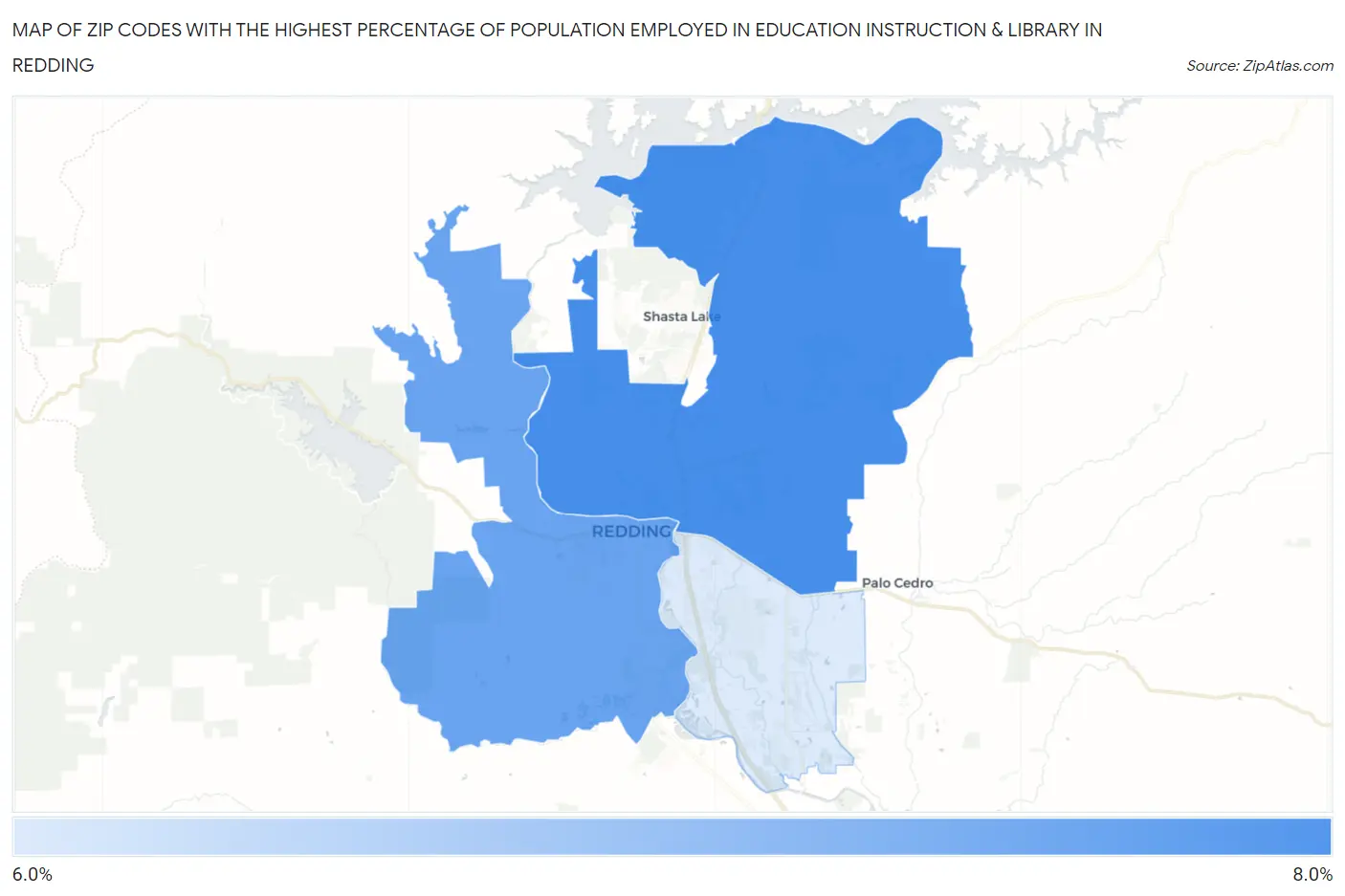 Zip Codes with the Highest Percentage of Population Employed in Education Instruction & Library in Redding Map