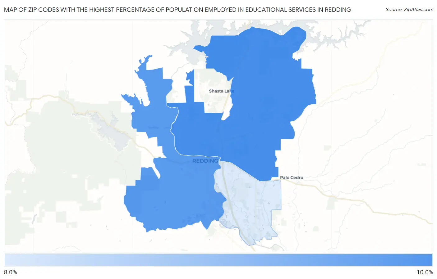Zip Codes with the Highest Percentage of Population Employed in Educational Services in Redding Map
