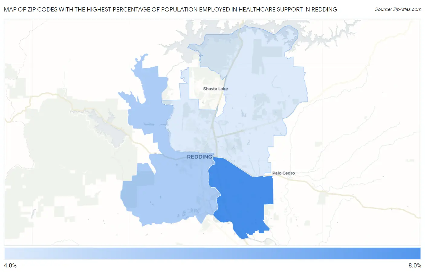 Zip Codes with the Highest Percentage of Population Employed in Healthcare Support in Redding Map