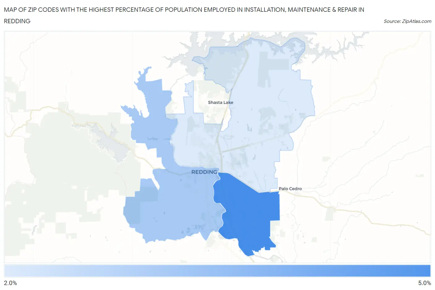 Zip Codes with the Highest Percentage of Population Employed in Installation, Maintenance & Repair in Redding Map
