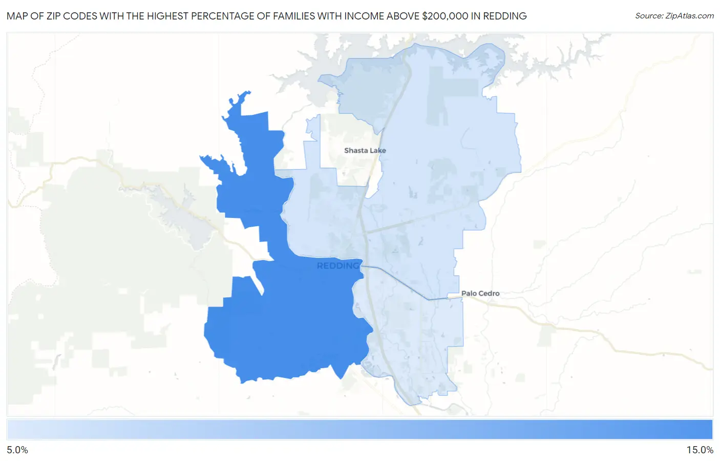 Zip Codes with the Highest Percentage of Families with Income Above $200,000 in Redding Map