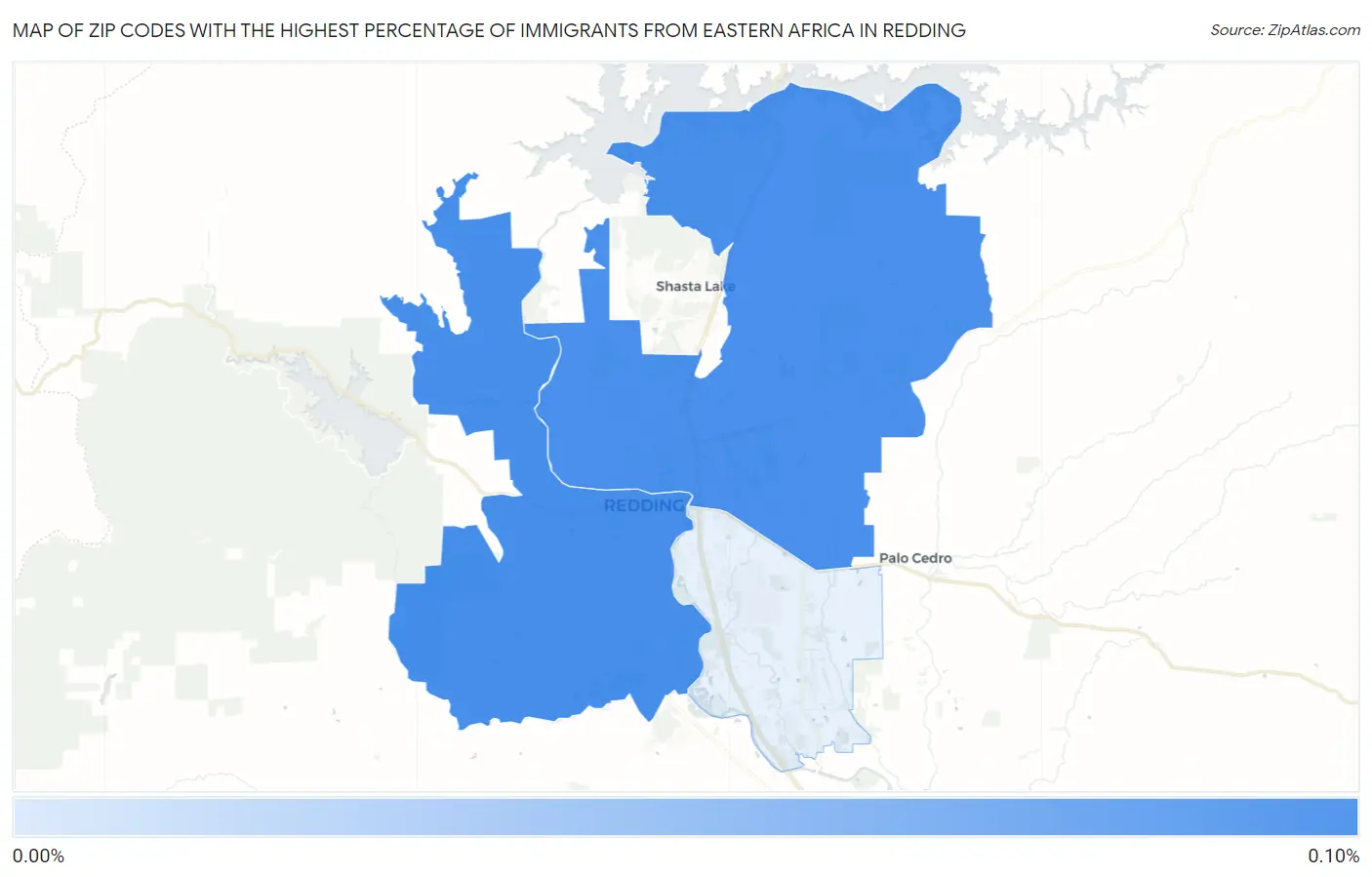 Zip Codes with the Highest Percentage of Immigrants from Eastern Africa in Redding Map