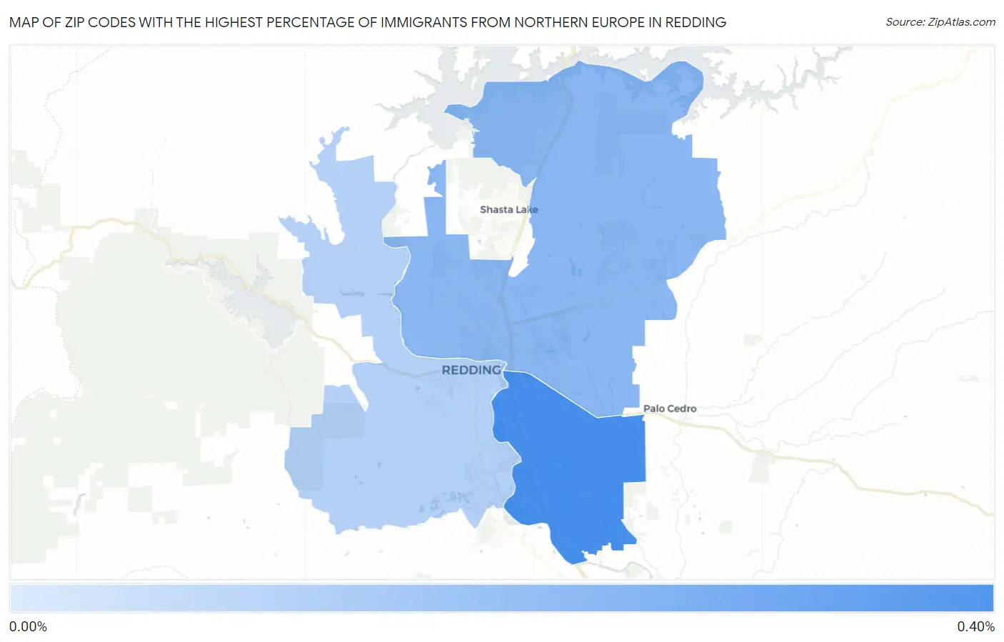 Zip Codes with the Highest Percentage of Immigrants from Northern Europe in Redding Map