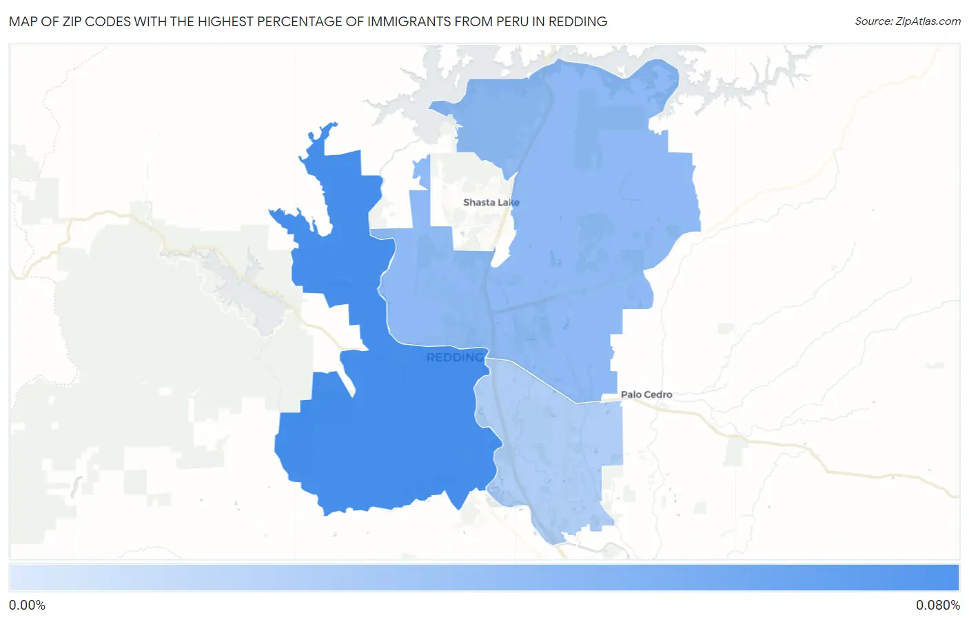 Zip Codes with the Highest Percentage of Immigrants from Peru in Redding Map