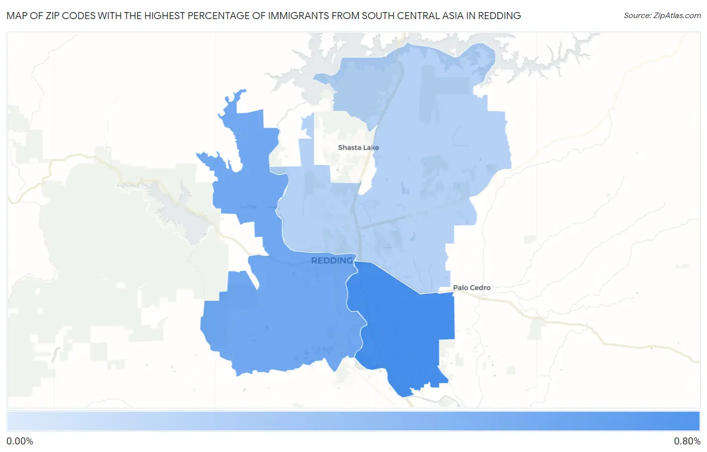 Zip Codes with the Highest Percentage of Immigrants from South Central Asia in Redding Map