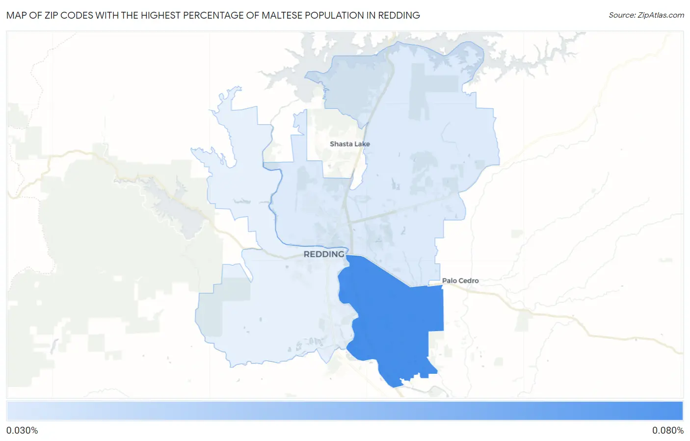 Zip Codes with the Highest Percentage of Maltese Population in Redding Map