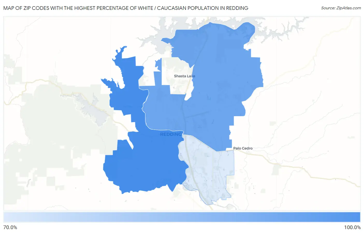 Zip Codes with the Highest Percentage of White / Caucasian Population in Redding Map