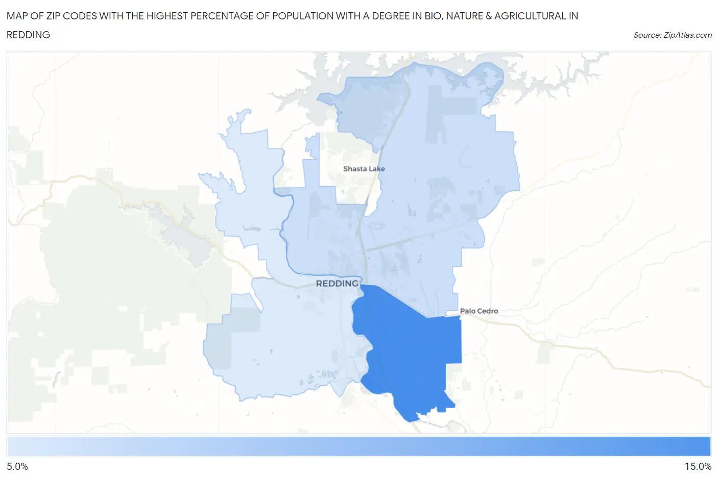 Zip Codes with the Highest Percentage of Population with a Degree in Bio, Nature & Agricultural in Redding Map