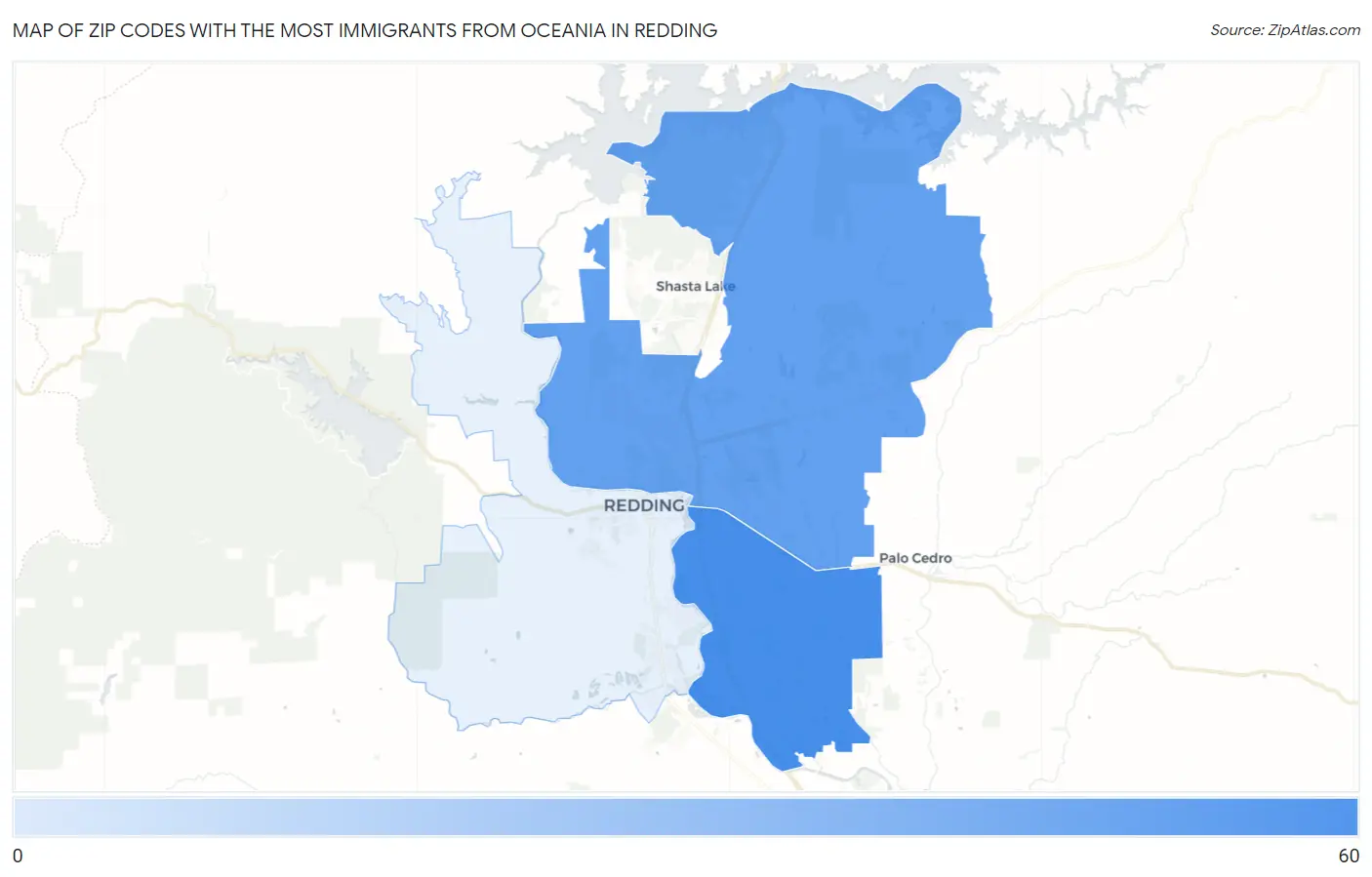 Zip Codes with the Most Immigrants from Oceania in Redding Map