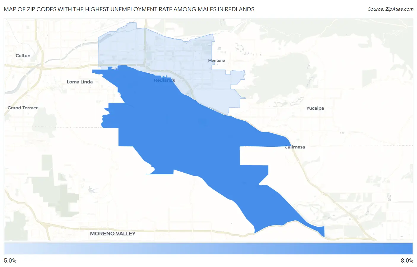 Zip Codes with the Highest Unemployment Rate Among Males in Redlands Map