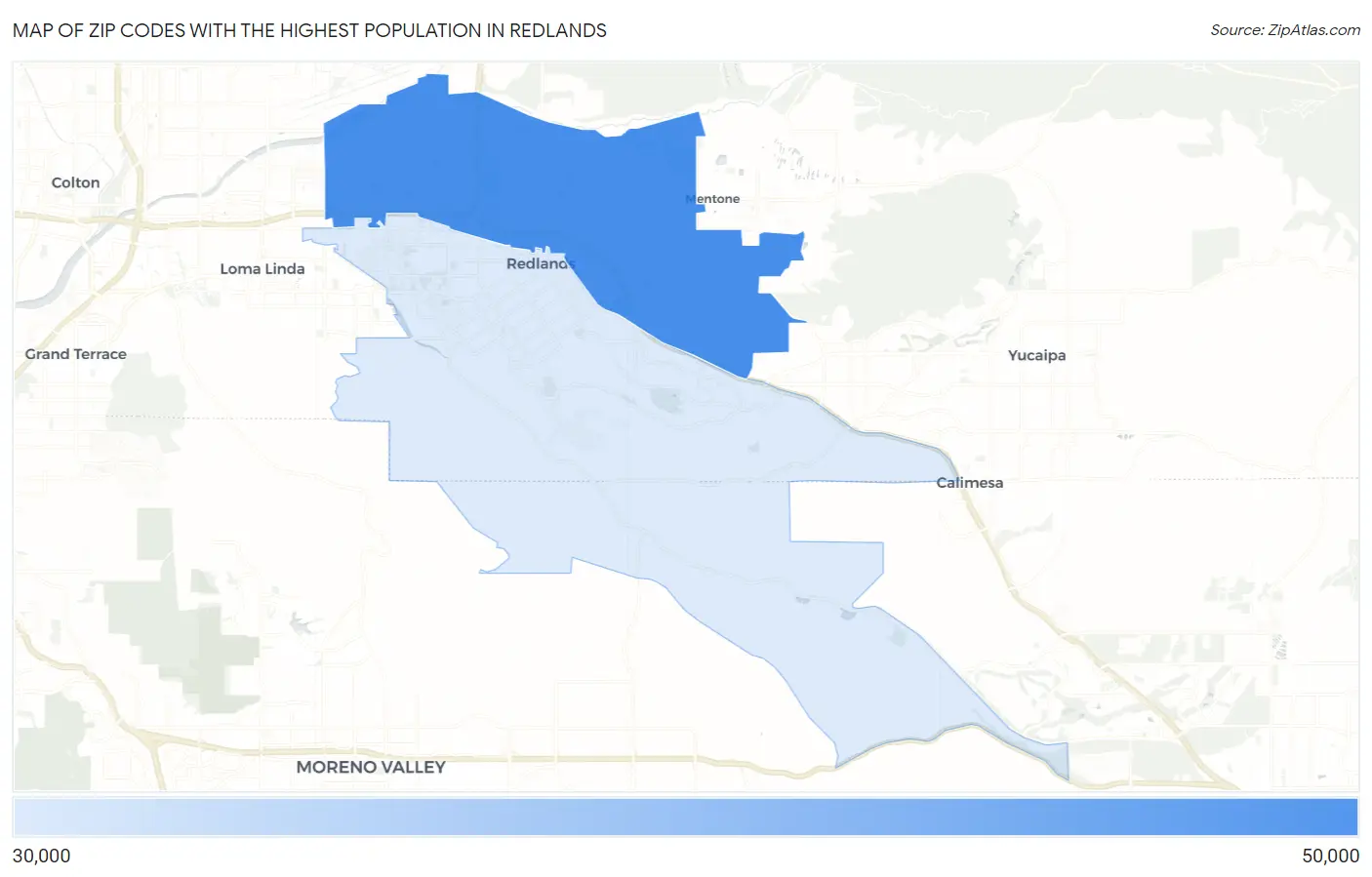 Zip Codes with the Highest Population in Redlands Map
