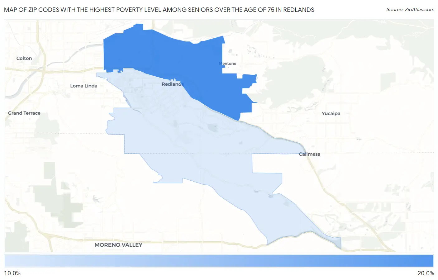 Zip Codes with the Highest Poverty Level Among Seniors Over the Age of 75 in Redlands Map