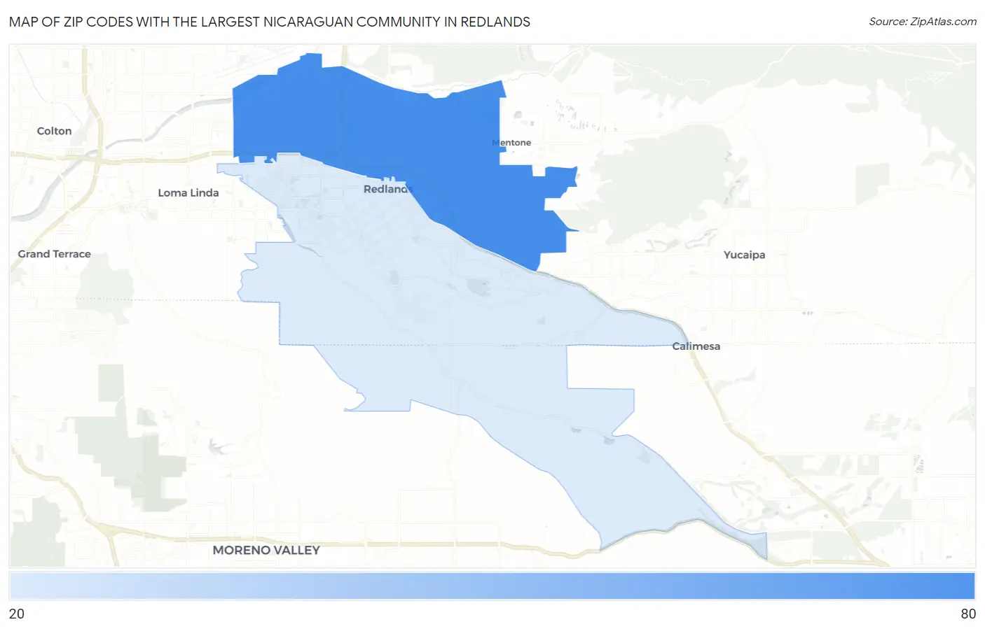 Zip Codes with the Largest Nicaraguan Community in Redlands Map
